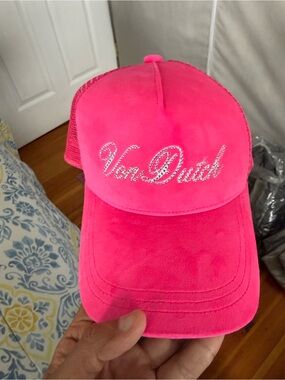 Von Dutch Neon Pink Rhinestone Script Trucker Cap